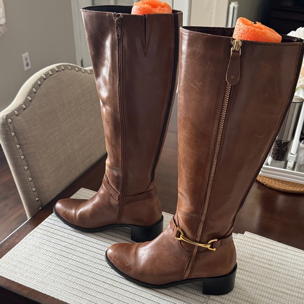 Women's Tall Brown Leather Heeled Riding Boots with Side Zip - Picture 3 of 7